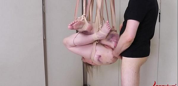  Bruised blond gets fed piss, then hung from her own bandages and fucked in the ass (Rebel Rhyder)